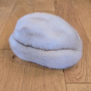 Vintage Real Mink Fur Hat Cream Ivory Teddy Sherpa Suede Shearling Cozy Winter